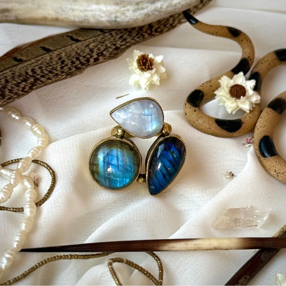 Triple Precious Gemstone Set Gold Plated Sterling Silver Statement Ring
